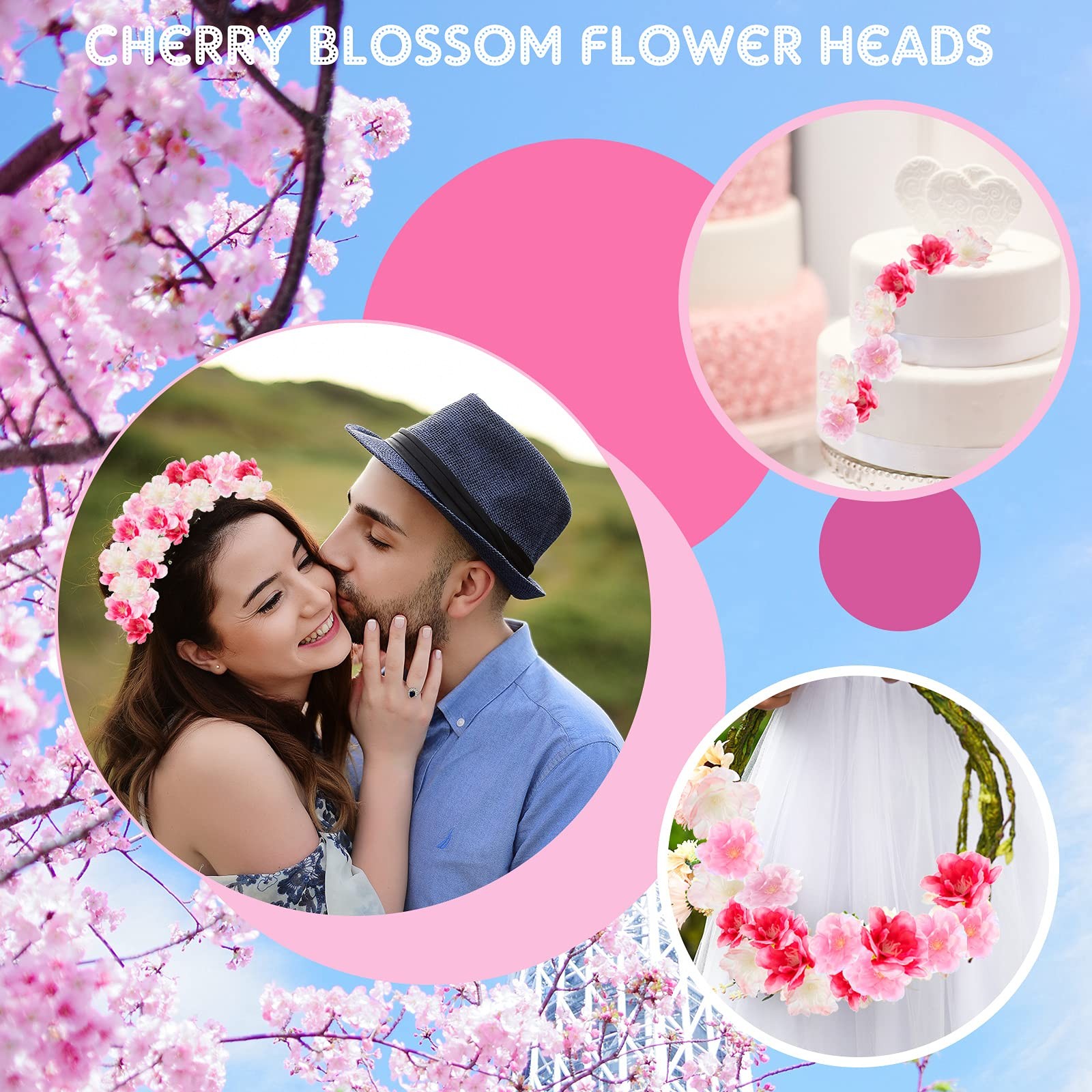 100 PCS Artificial Cherry Blossom Heads Bulk Faux Silk 1.5 Inch 4 Colors