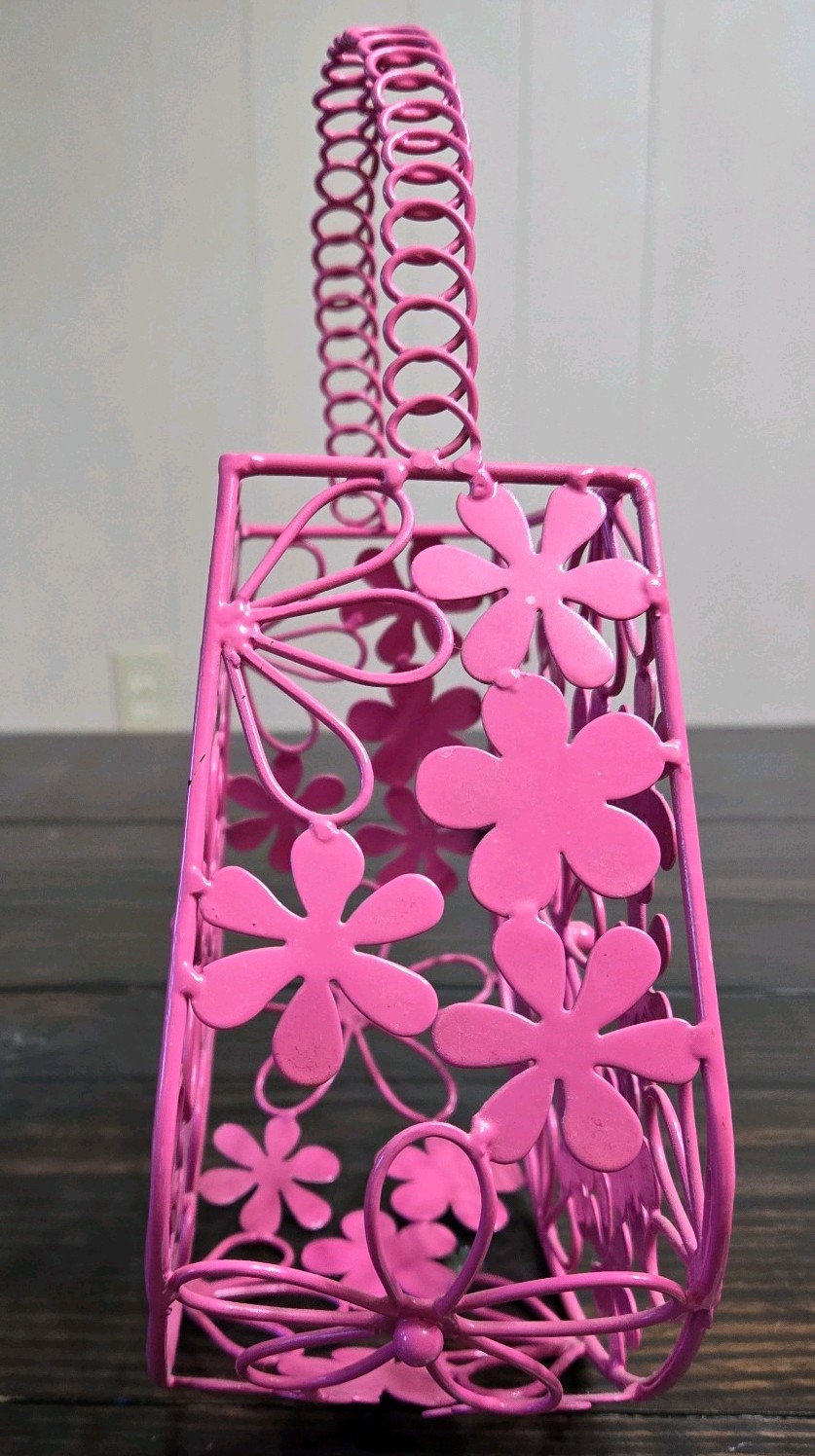 Pink Metal Floral Purse-Basket With Handle-Pink Flowers