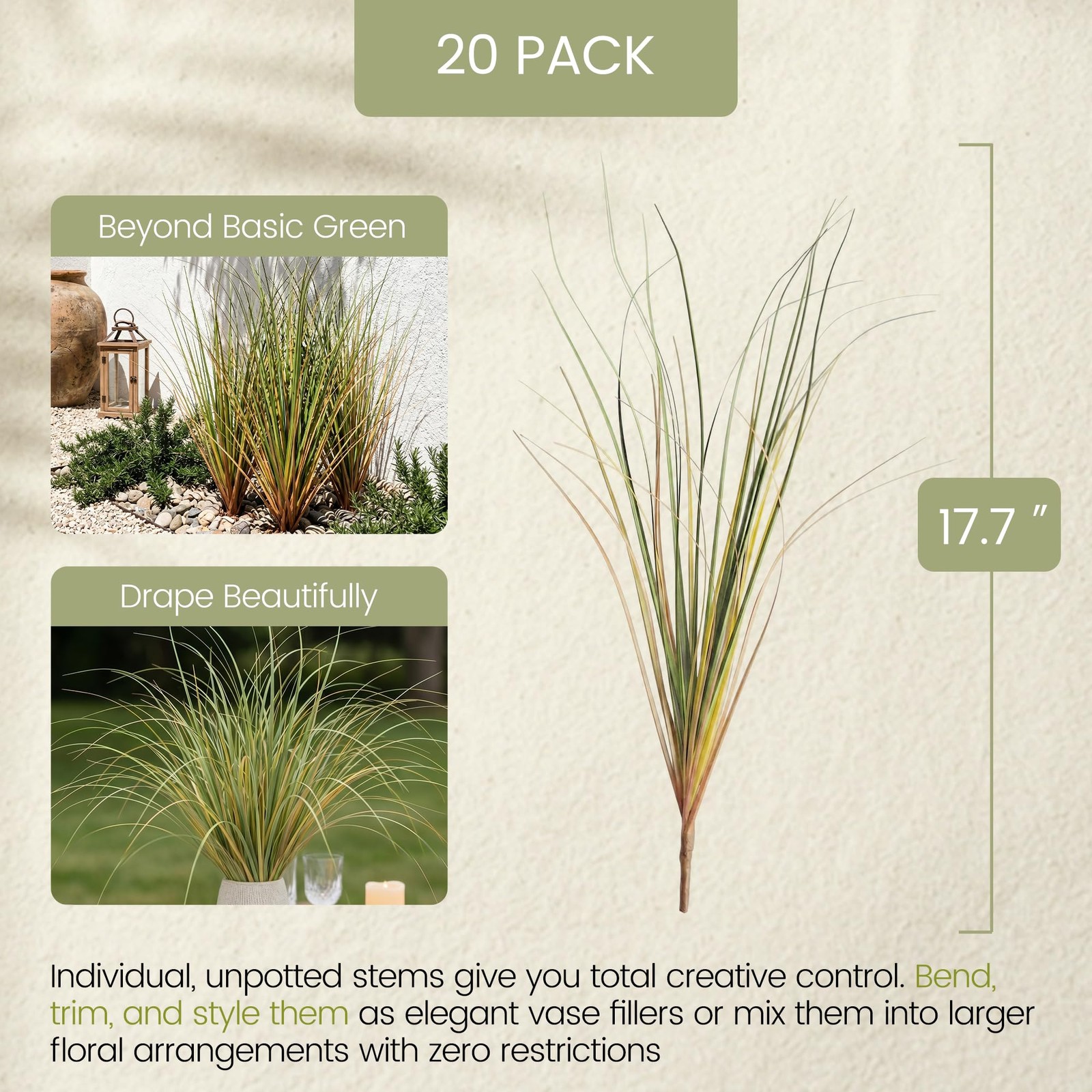 20 PCS Artificial Onion Grass Stems, 17.7in Fake Greenery for Vase Filler Flo…