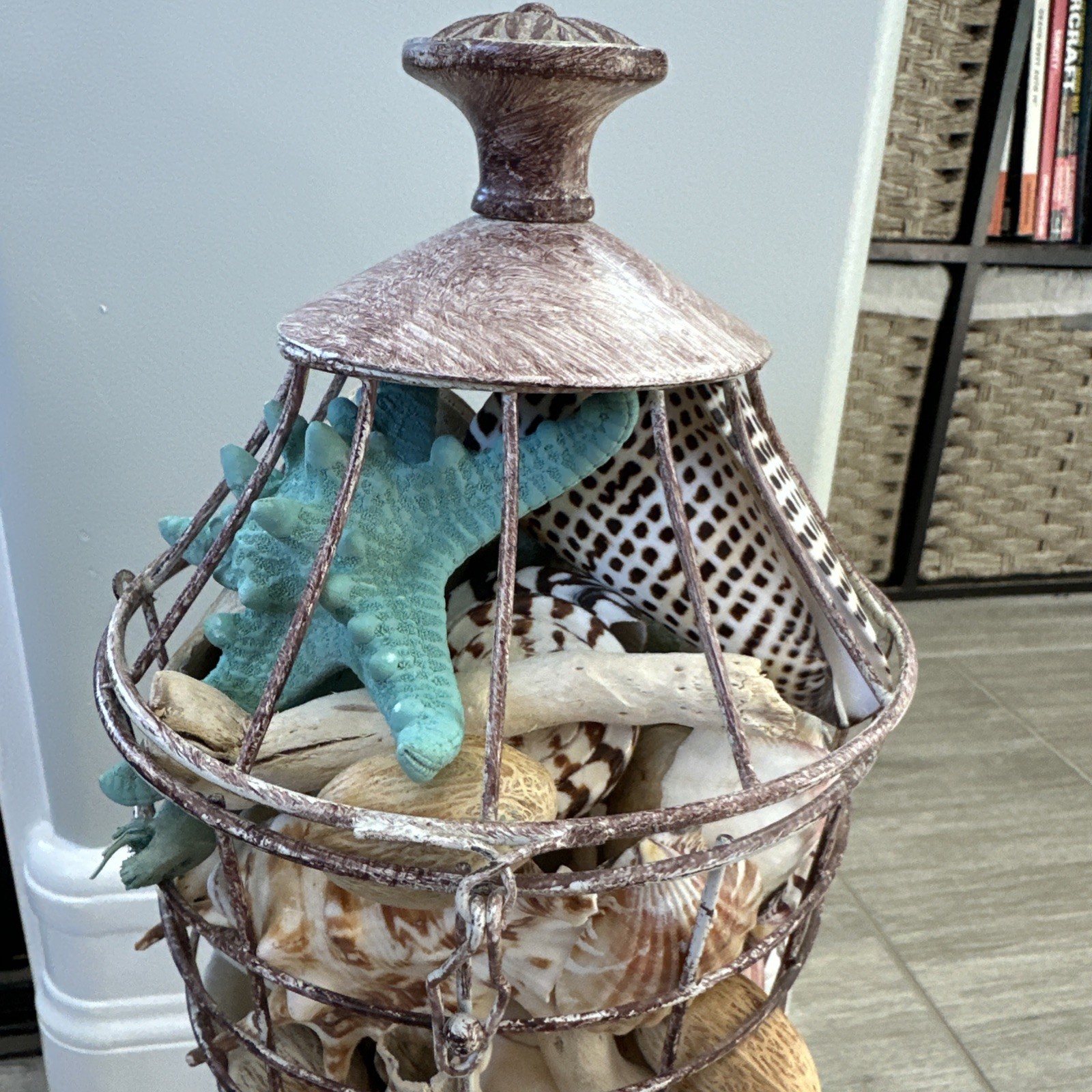 Beach Decore, Decorative Cage With Real Shells And Dried Ocean Plants Theme