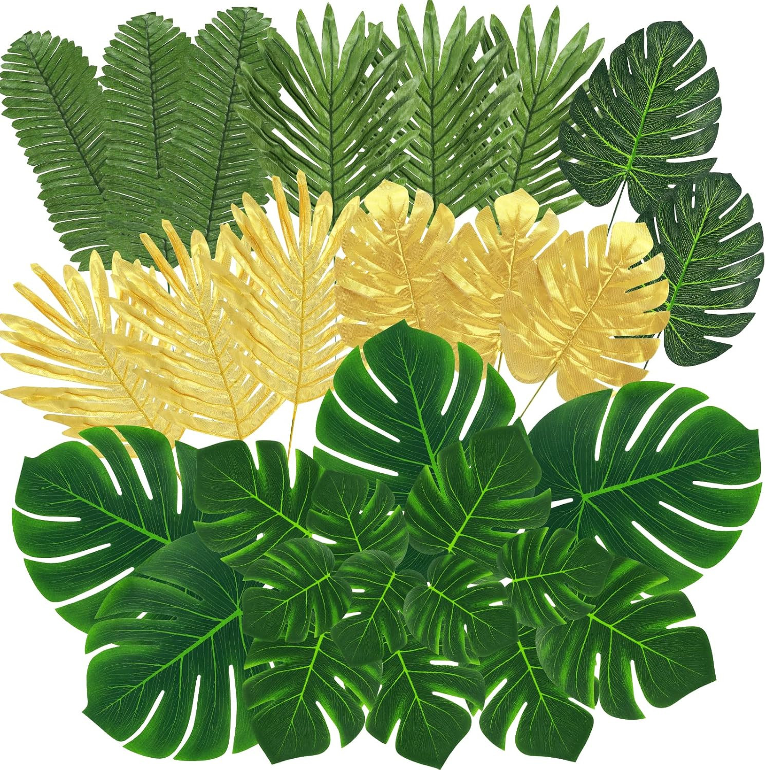 100 Pcs 8 Kinds Artificial Palm Leaves Tropical Fake Leaves, Monstera Leaf Gold
