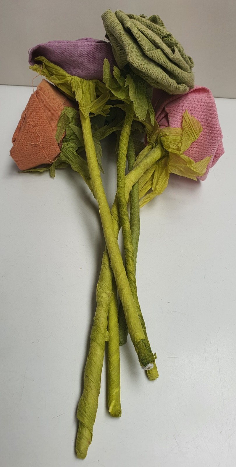 Handmade Linen Material Roses on Green Stems Shabby Chic 30cm Tall Multicolour