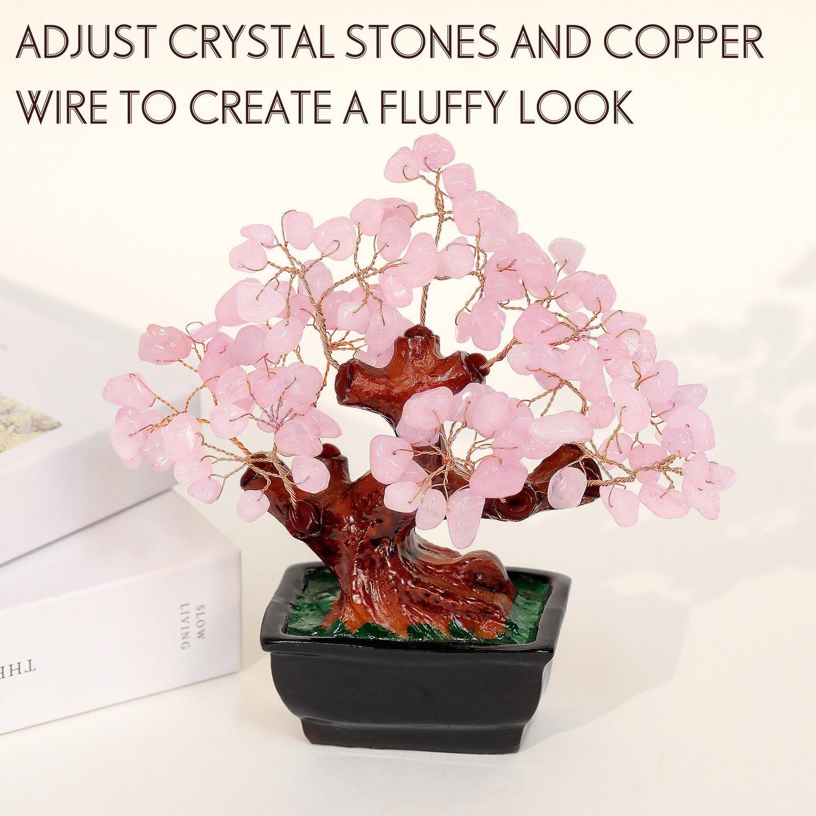 Feng Shui Natural Rose Pink Quartz Crystal Money Tree Bonsai Style Decoration Fo