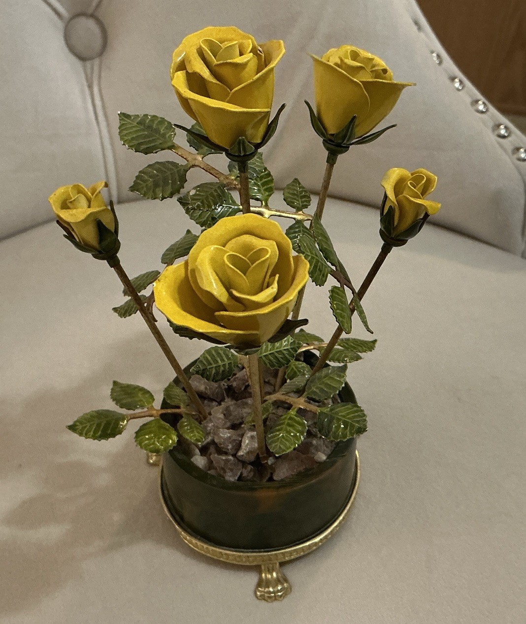 Enamel on Copper Yellow Potted Roses On Footed Base Vintage.