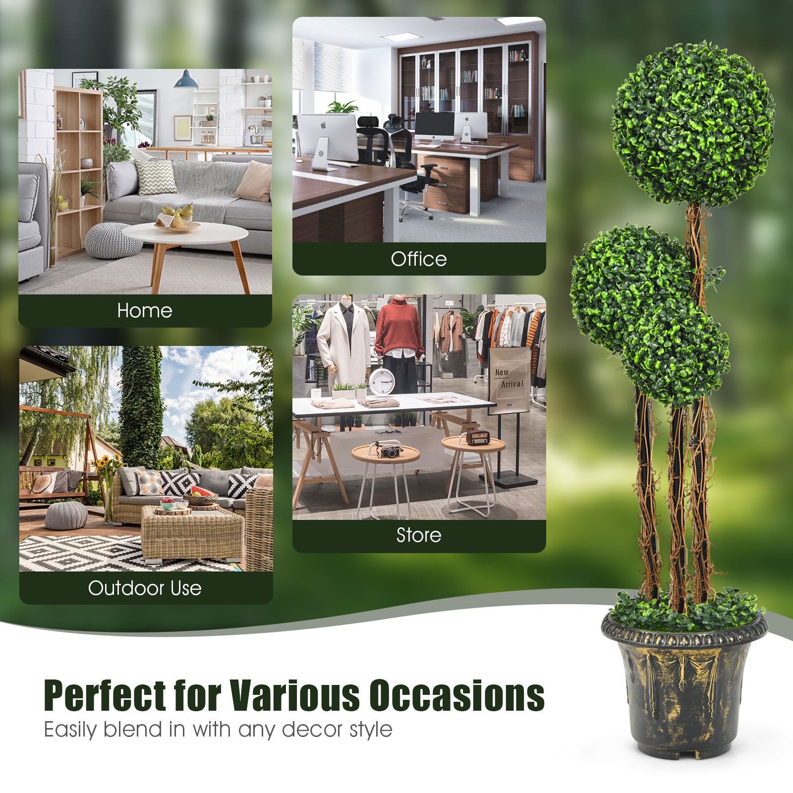 Costway 4’ Artificial Topiary Triple Ball Tree Plant Outdoor Indoor UV Resistant