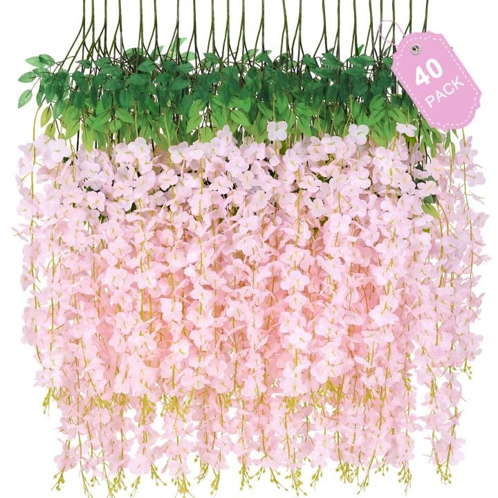 40 Pack Light Pink Wisteria Hanging Flowers, Fake Hanging Flowers for Decorat…