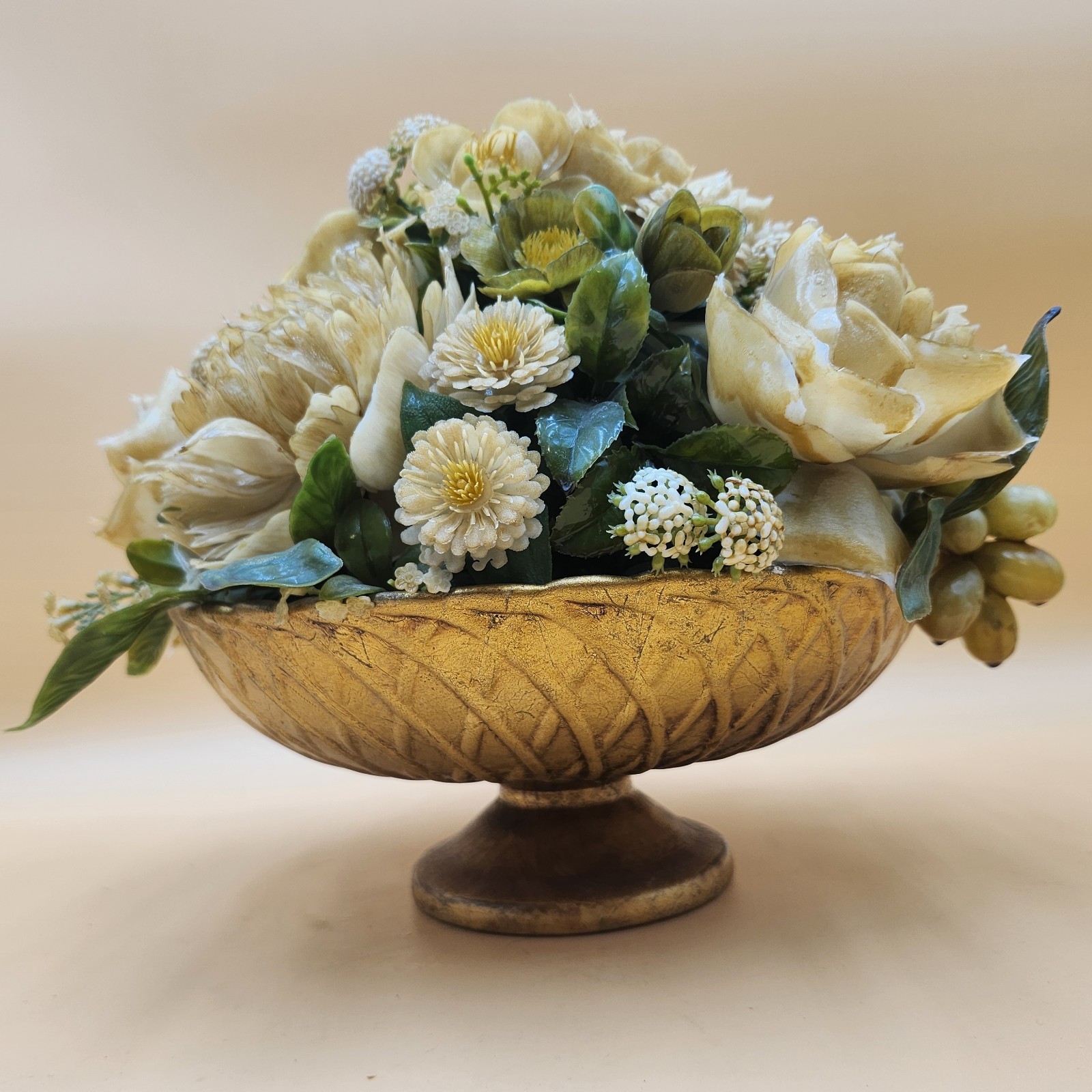 Vintage gold bowl artificial flower fruit arrangement white green Mid Century