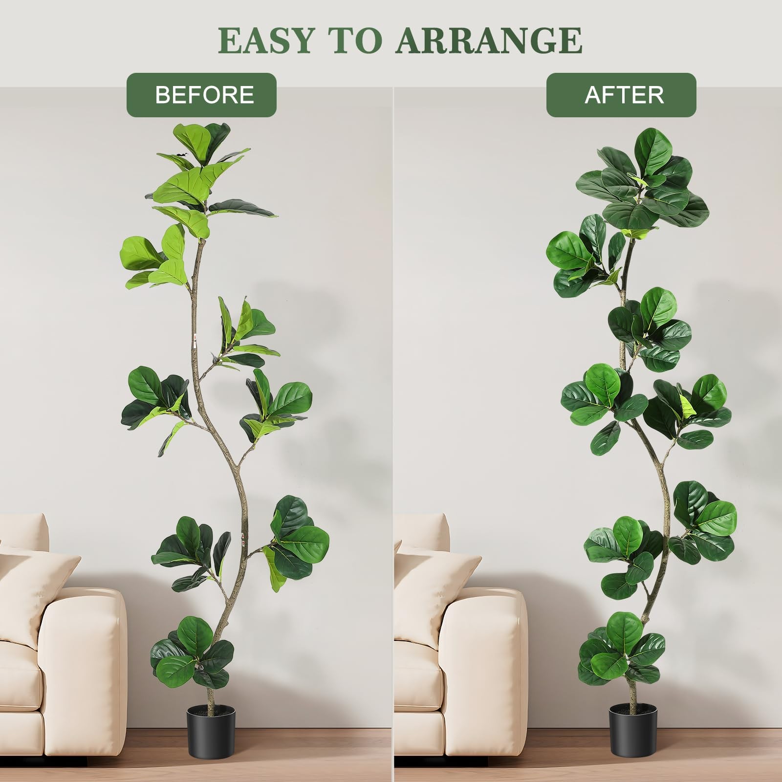 5/6/7FT Artificial Fiddle Leaf Fig Tree in Black Pot ,Tall Fake Plant Home Decor