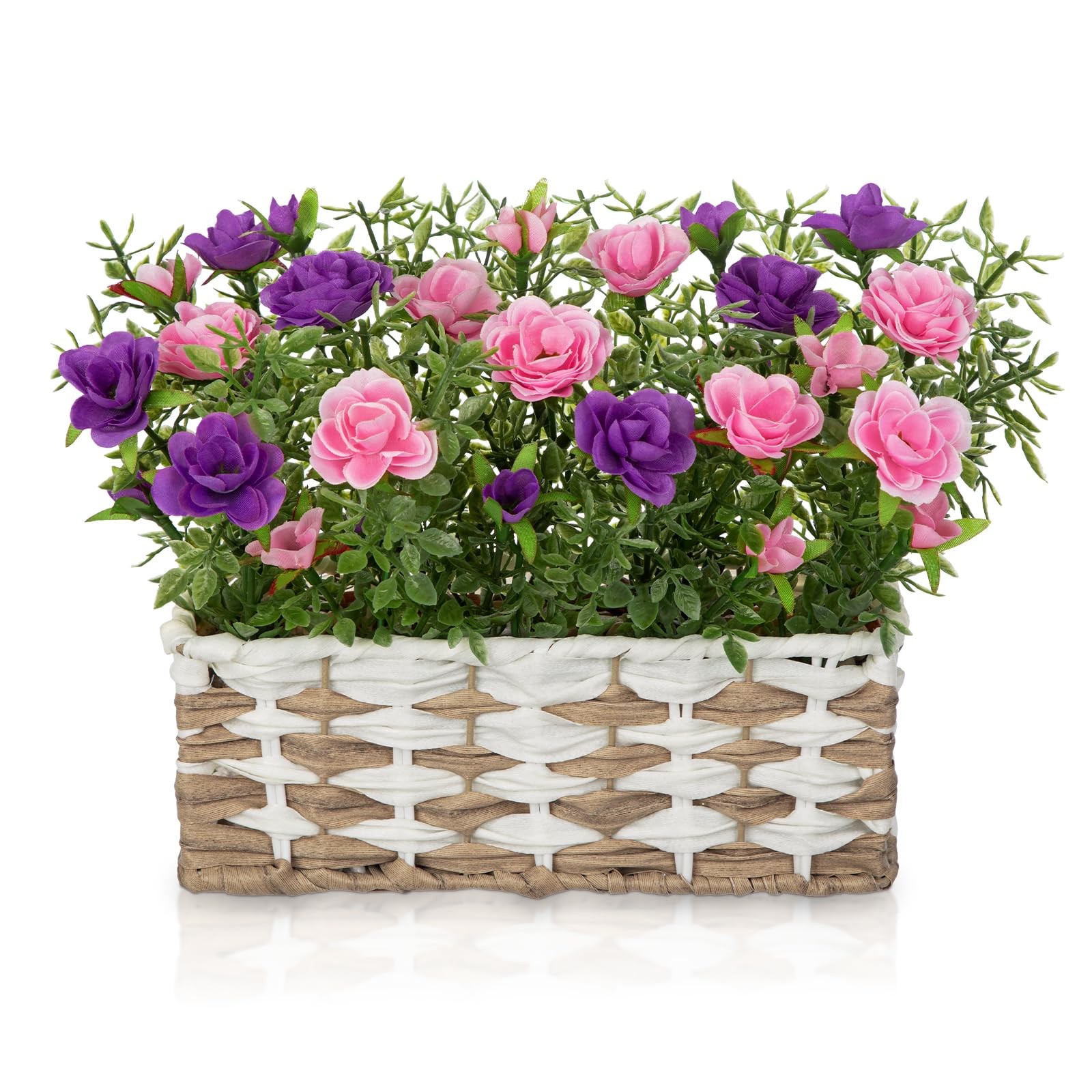Artificial Rose Flowers with Woven Basket, Faux Blooming Roses in Fake Rattan…