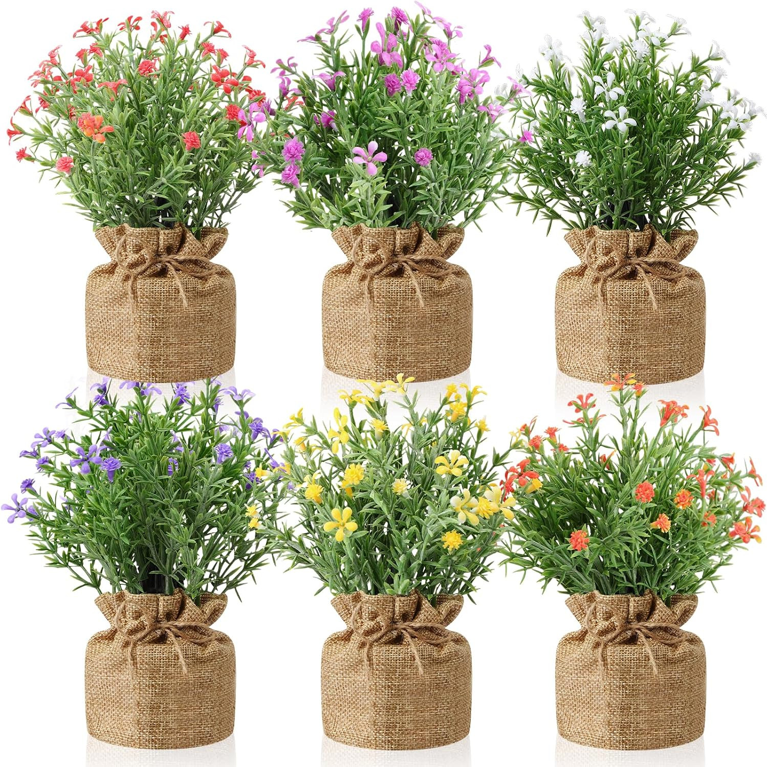 6 Pcs Artificial Wildflower Plants in Burlap Pots – Spring Home Decor