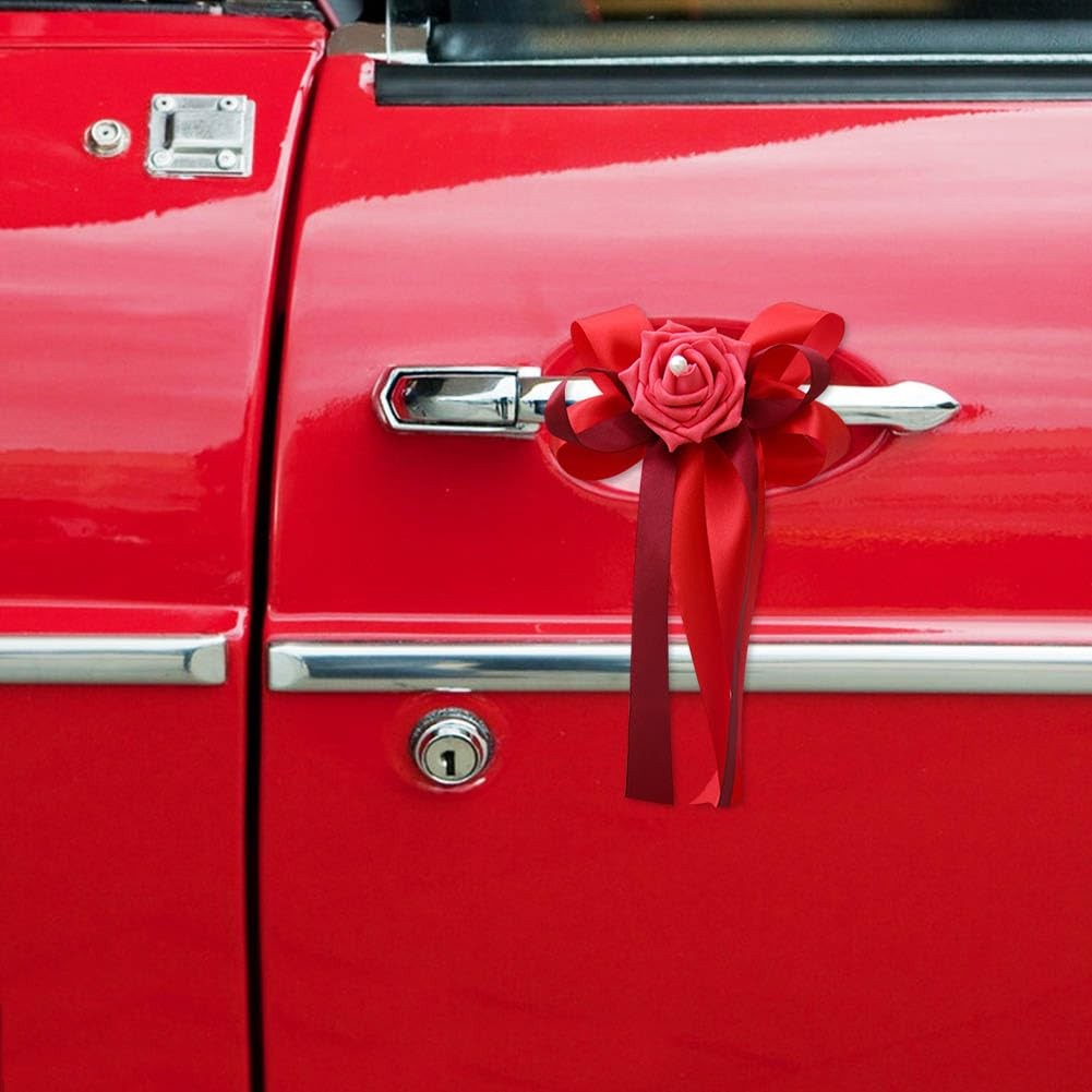 12 Pieces Wedding Car Flower Decoration Red Artificial Rose Ribbon Bow Handle