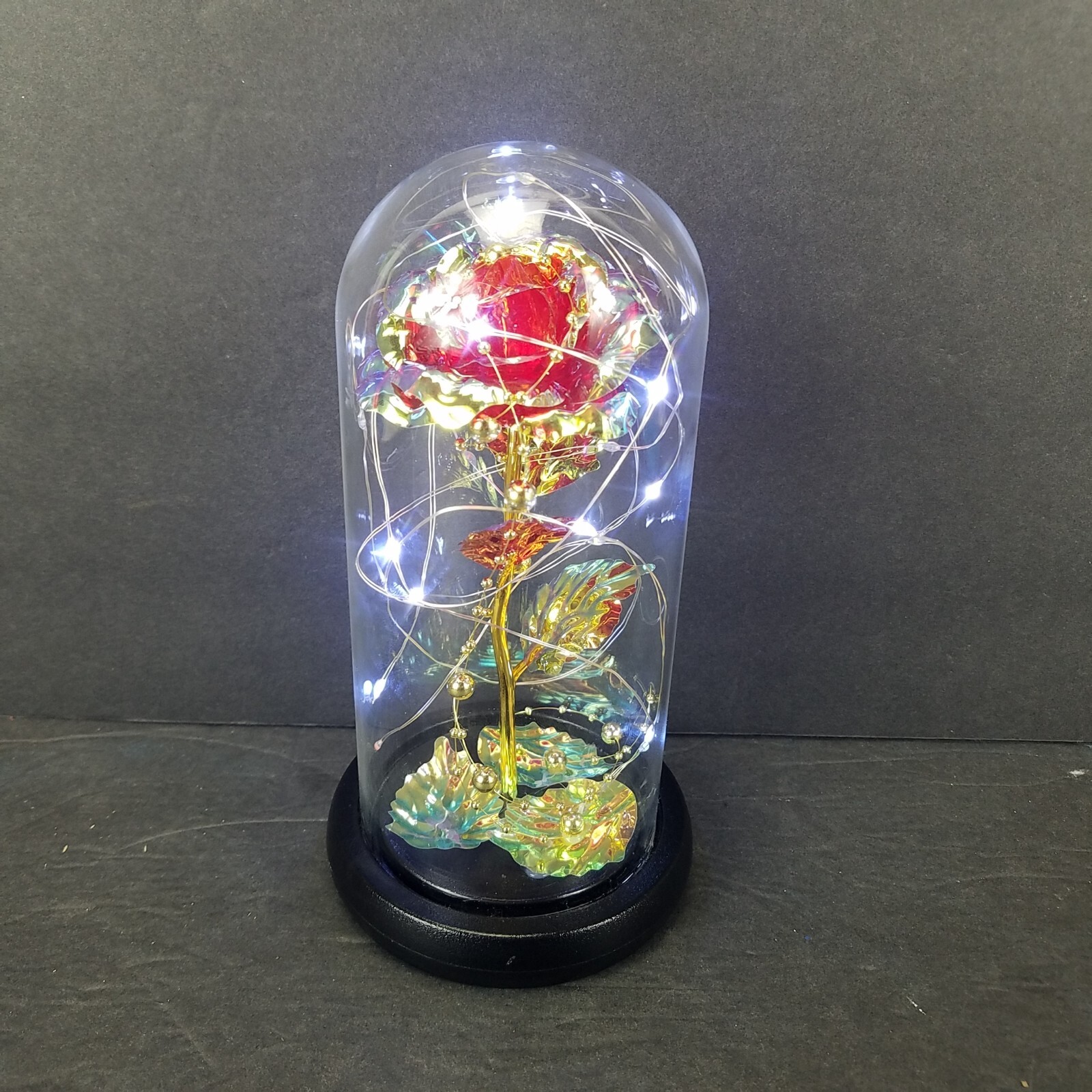 Faux Iridescent Rose Glass Display Dome Lighted RGB White Home Decor 8.5″ Tall