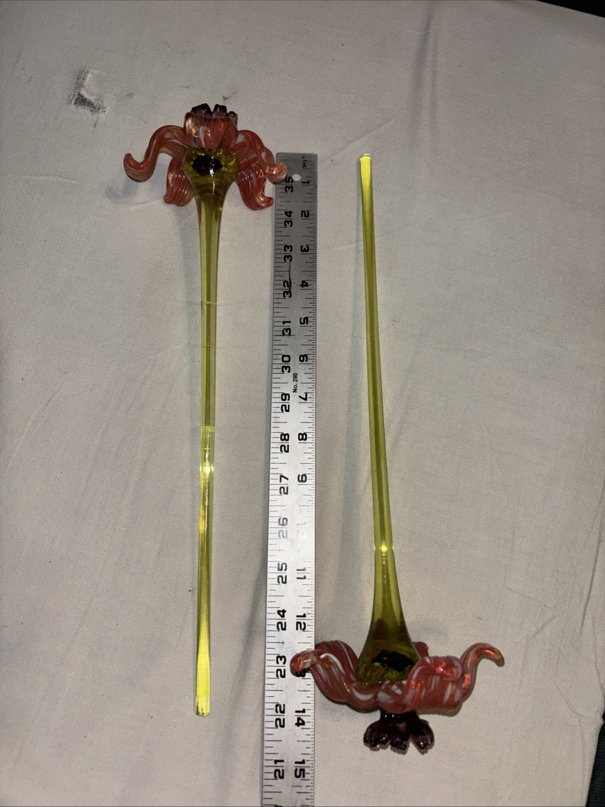 2 Vintage Art Glass Murano Style Glass Flower 14.5” Yellow – Orange & Purple