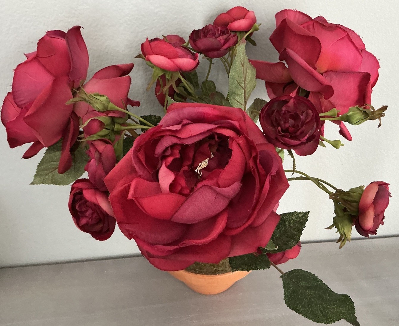 Realistic Artificial Camellia Red Roses Floral Arrangement Terracotta Pot 15’’