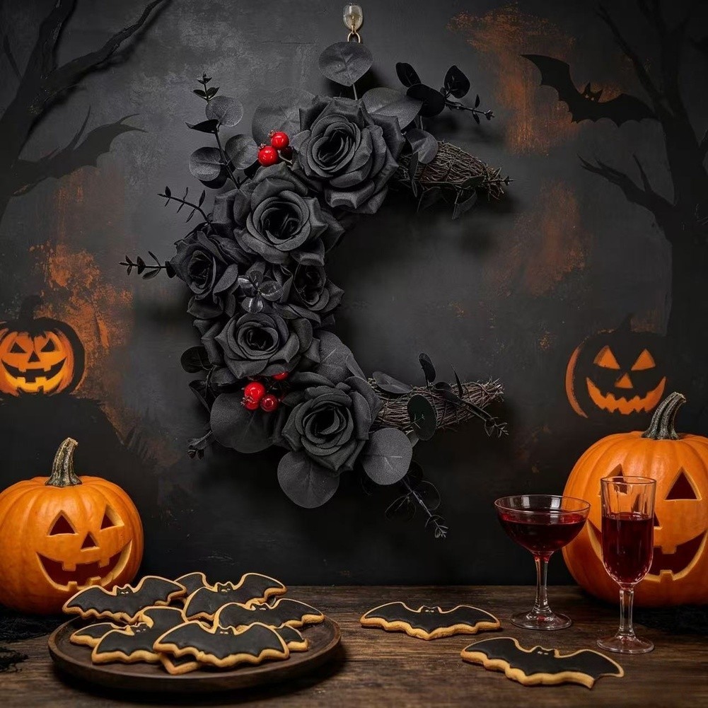 Handmade Plastic Halloween Cat Garland for Home Decor 35cm Dark Wreath