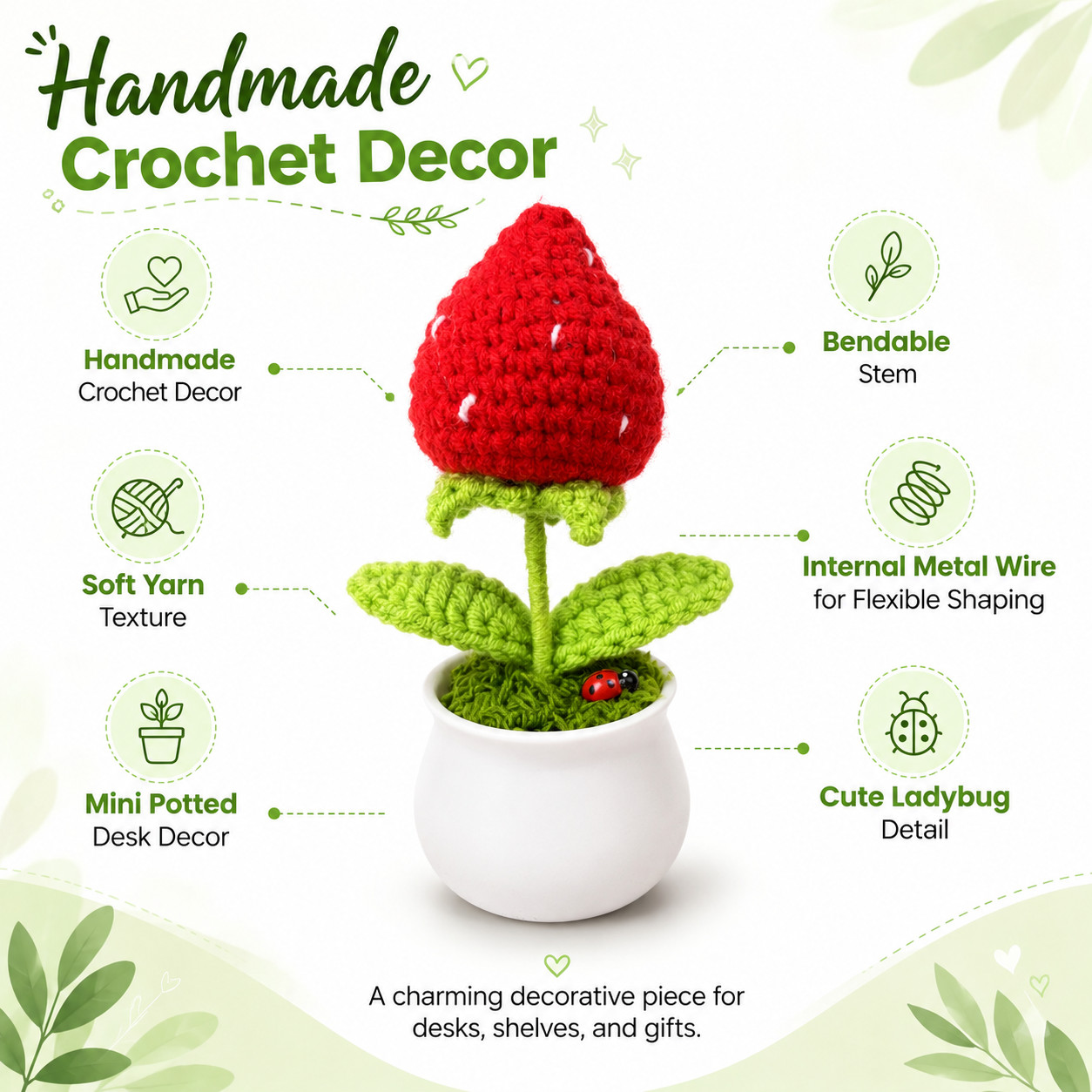 Red Strawberry Tulip Crochet Mini Potted Desk Shelf Decor Ladybug Detail