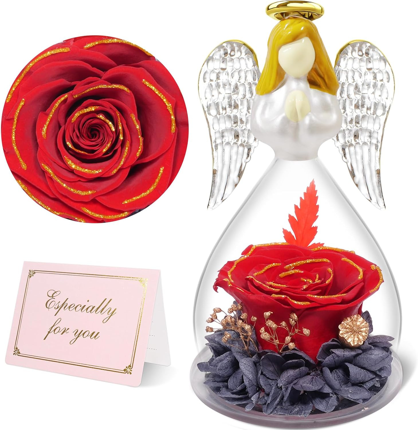 Preserved Flowers Rose Birthday Gifts for Women Mom in Glass Angel Figurines, Mo