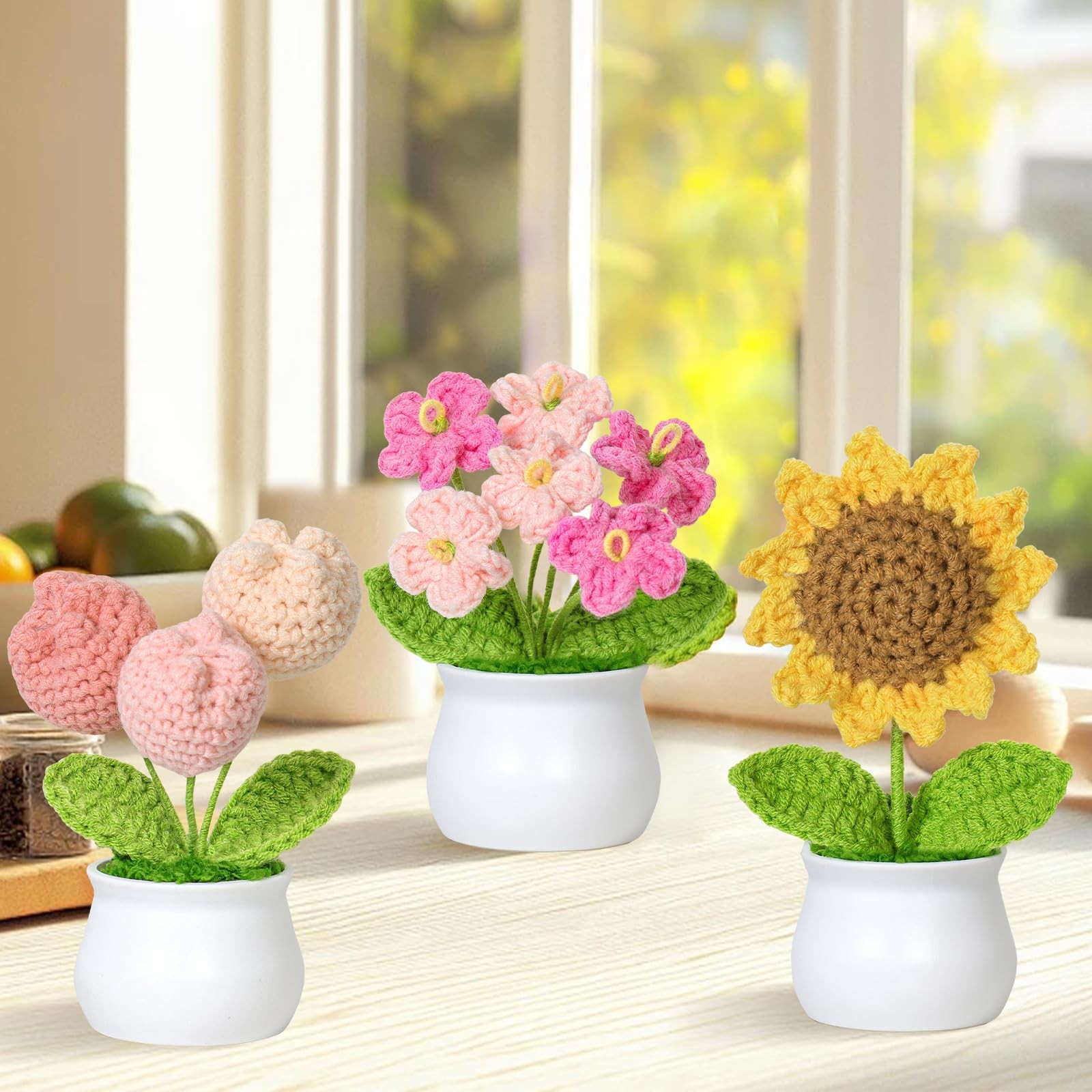 Crochet Flower Potted Plants Knitted Sunflower Tulips Desk Car Decor