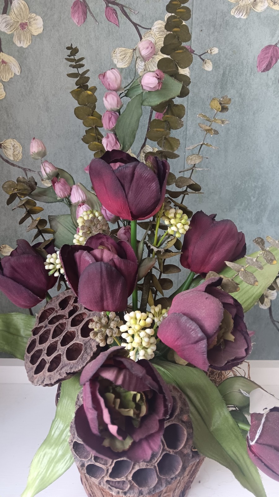 Artificial Purple Tulip & Lotus Pod Arrangement Centerpiece in Flower Pot