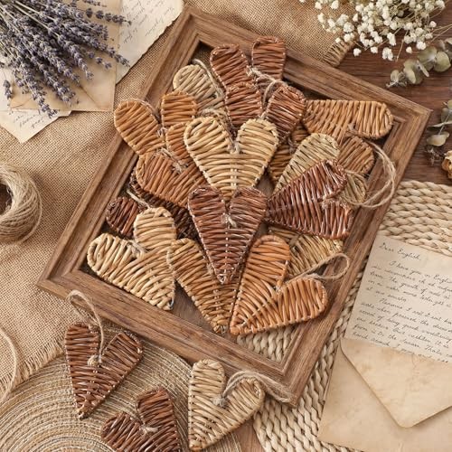 Pcs Neutral Valentines Day Ornaments Rattan Wicker Heart 24 Tan, Beige, Brown