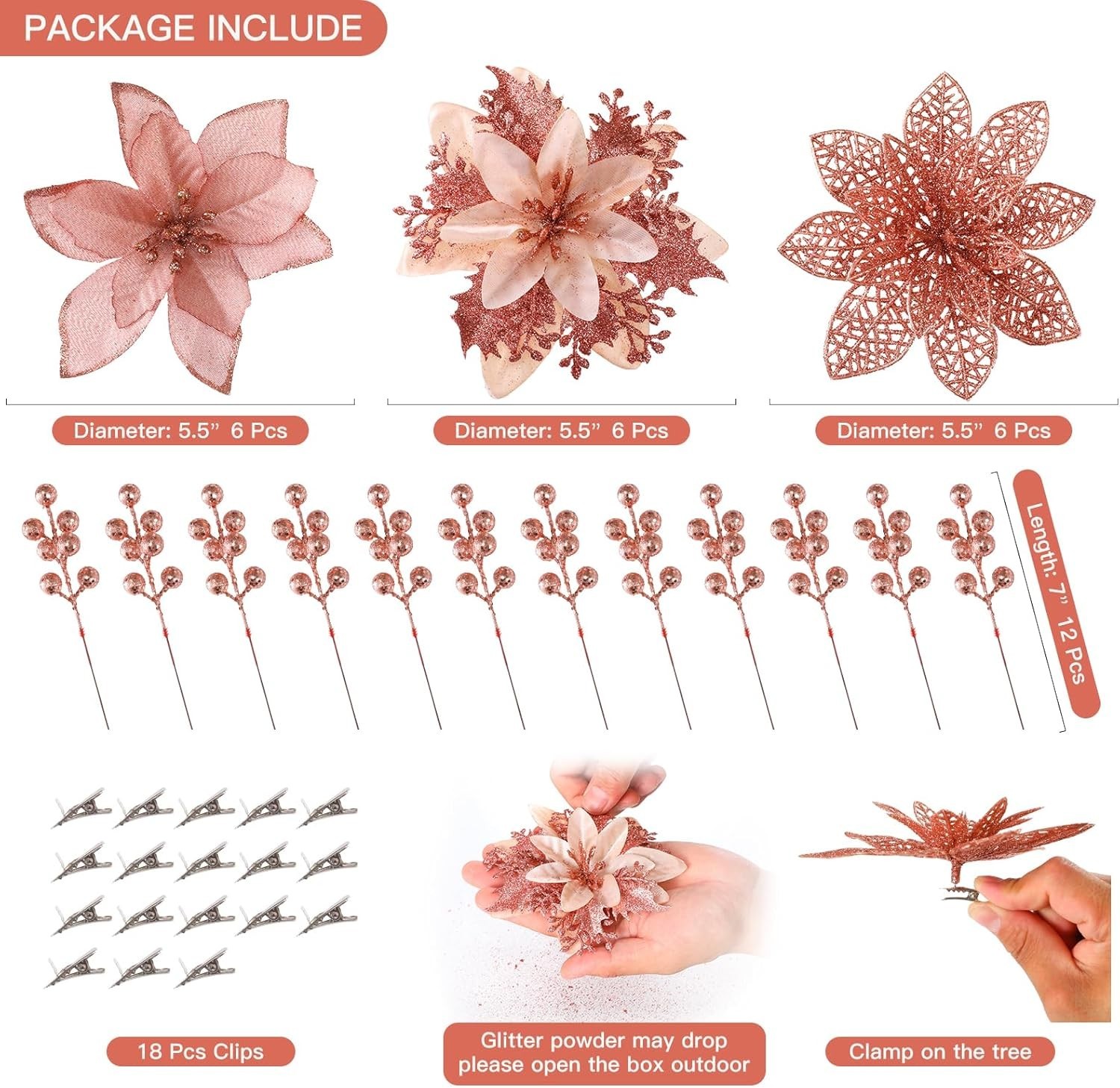 30pcs Poinsettia Artificial Christmas Flowers Decorations with Clips and Berr…