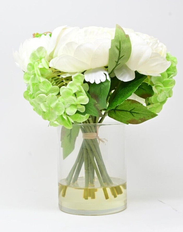 13″ Artificial Peony Hydrangea and Tulip Glass Arrangement