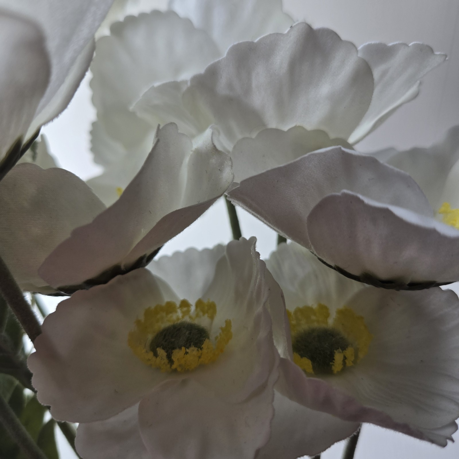 My Texas House Floral Stems, 4 Faux White Poppies w/yellow centers, Artificial