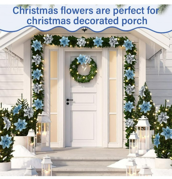 glitter poinsettia blue/green silvery white 30pcs