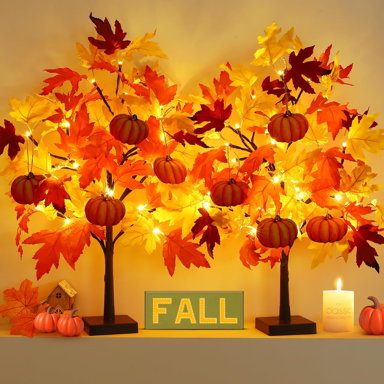 2 PCS 24 Inch Fall Maple Tree 48 LED Battery Lights 8 Pumpkin Ornaments