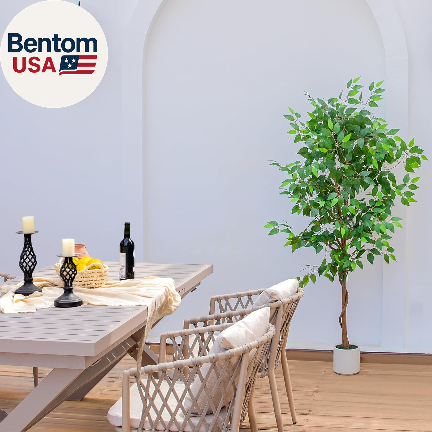 6FT Artificial Ficus Tree with White Planter, Realistic Faux Silk Indoor Outdoor