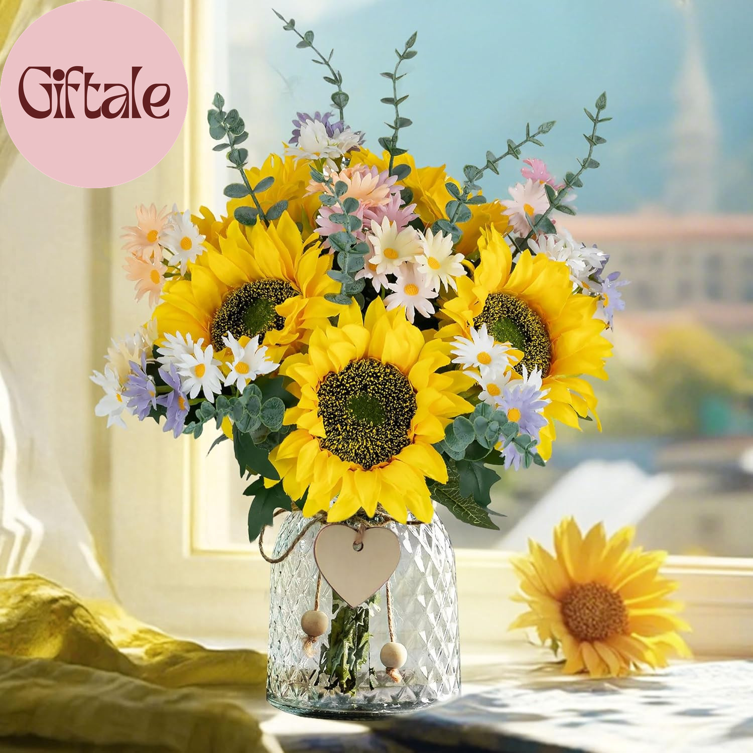 Sunflower Fake Flowers in Vase: Sunflowers Artificial Flowers with Vase for Tabl