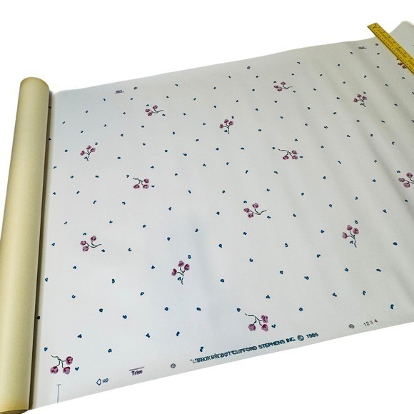 Vtg Floral Wallpaper White Pink Blue Flowers Liberty of London 80s Cottagecore