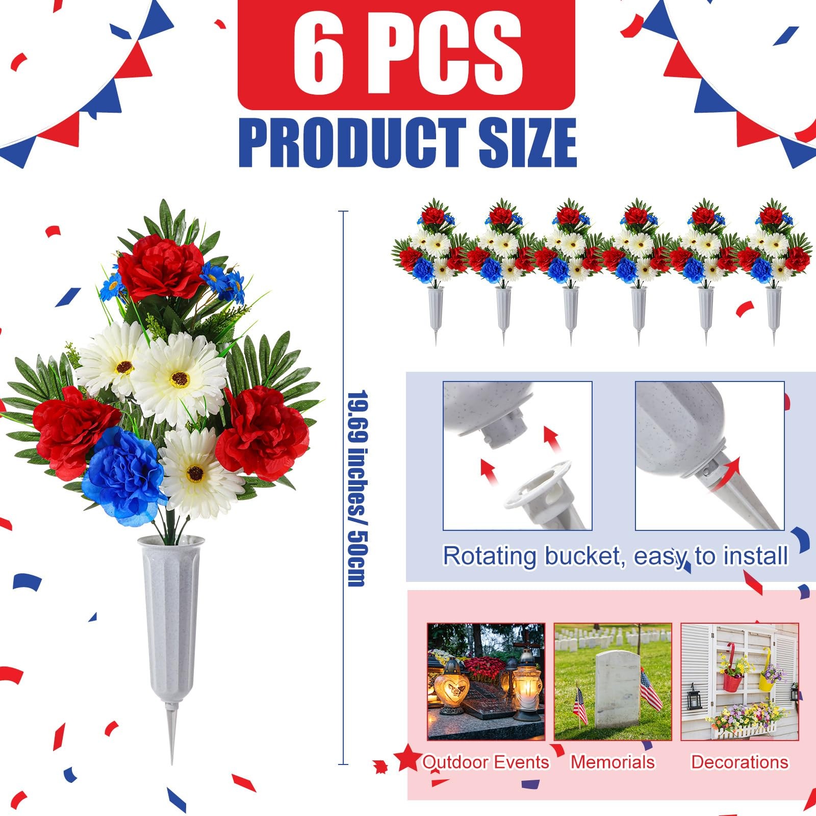 6 PCS Patriotic Memorial Red Blue White Artificial Flowers Bouquet With Vase