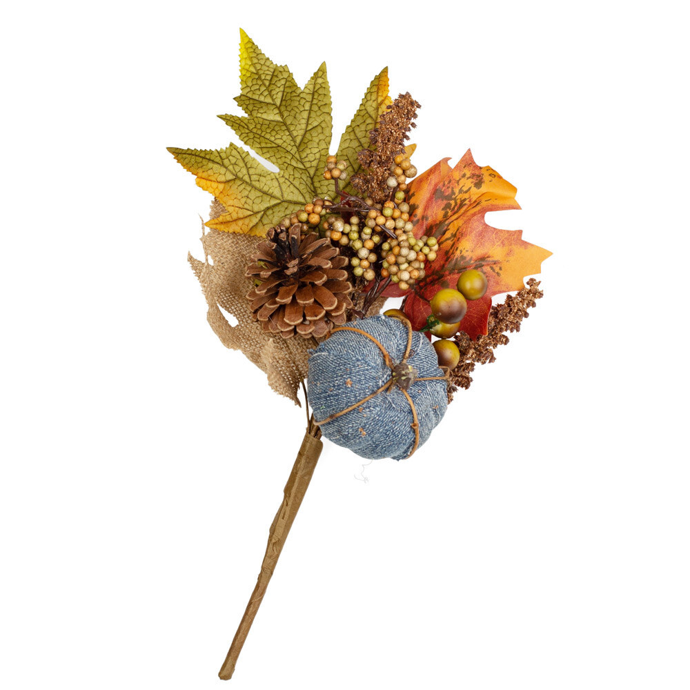 Lot of 2 Fall Artificial Burlap Leaf and Denim Pumpkin 13″ Decorative Picks