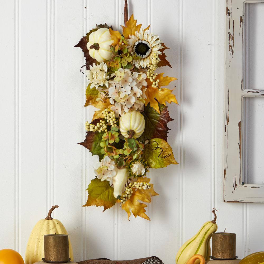 33 In. Green Fall Sunflower, Hydrangea and White Pumpkin Artificial Autumn Teard
