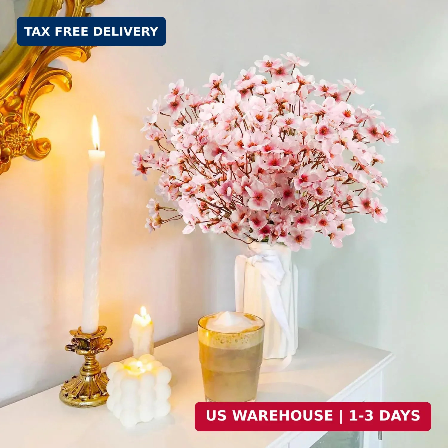 obbsie 24Pcs Artificial Cherry Blossom Flower, Faux Silk Peach Blossom Branches