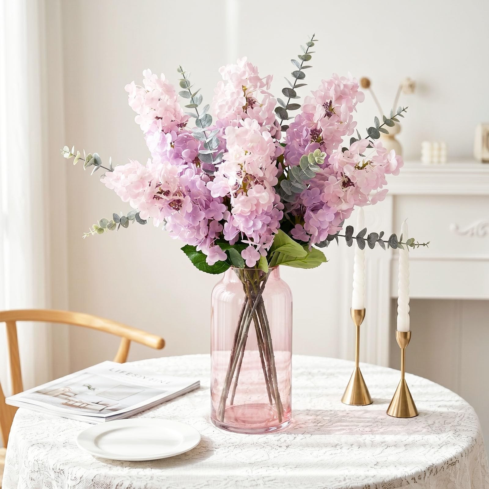 Artificial Hydrangea Flowers 6PCS with Eucalyptus Leaves, 27.5″ Faux Lavender…