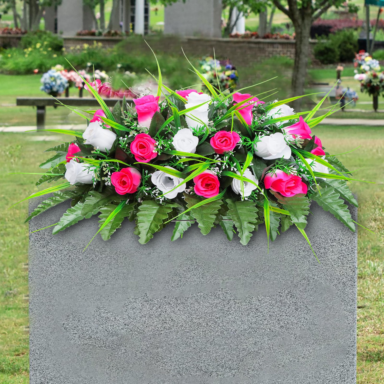 Artificial Cemetery Flower-Outdoor Grave Saddle Headstone Decorations,Pink an…