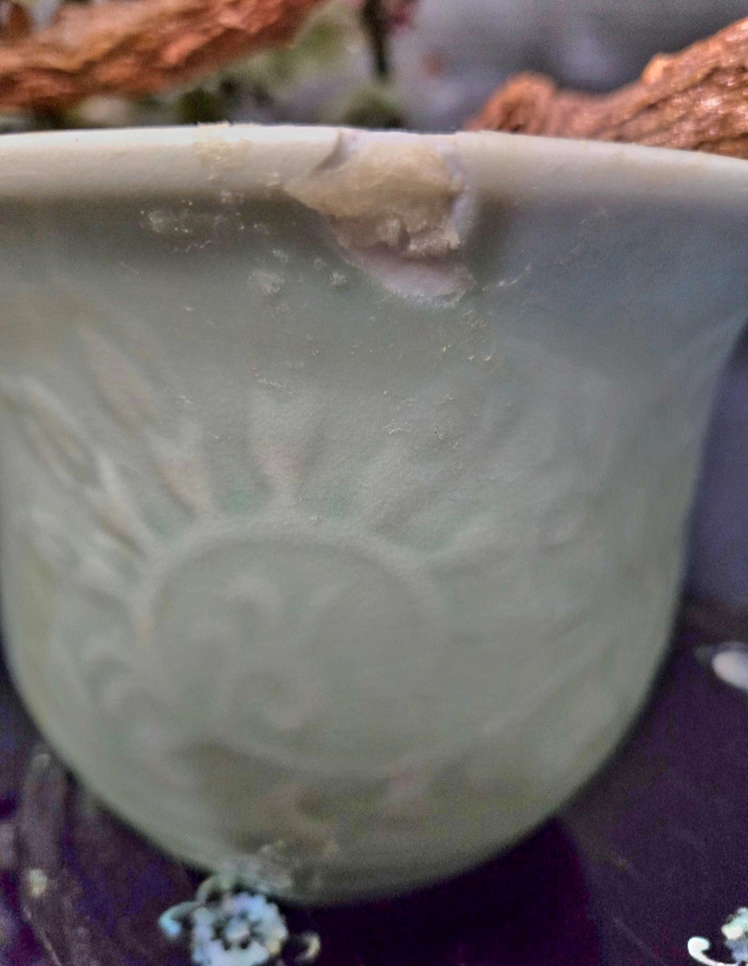 Vintage Chinese Jade Glass Hardstone Flower Bonsai Tree Celadon Vase Chipped