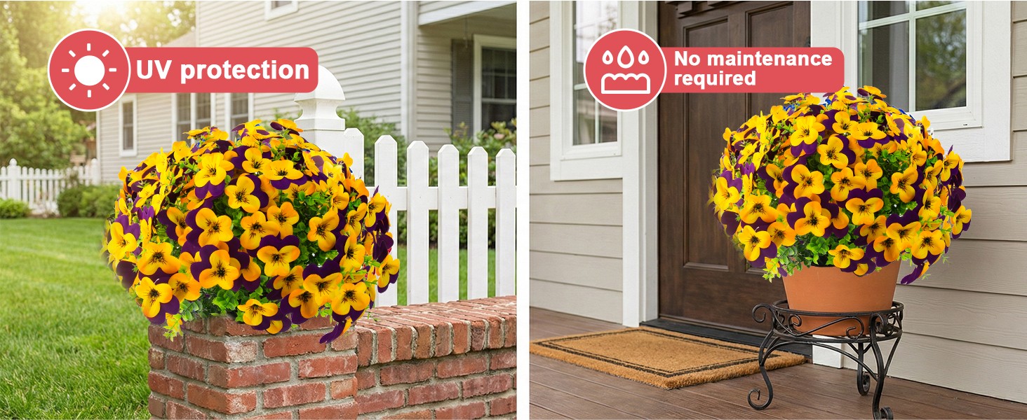 16 Pcs Artificial Pansy Flowers for Outdoors Yellow Faux Silk Spring Flowers for