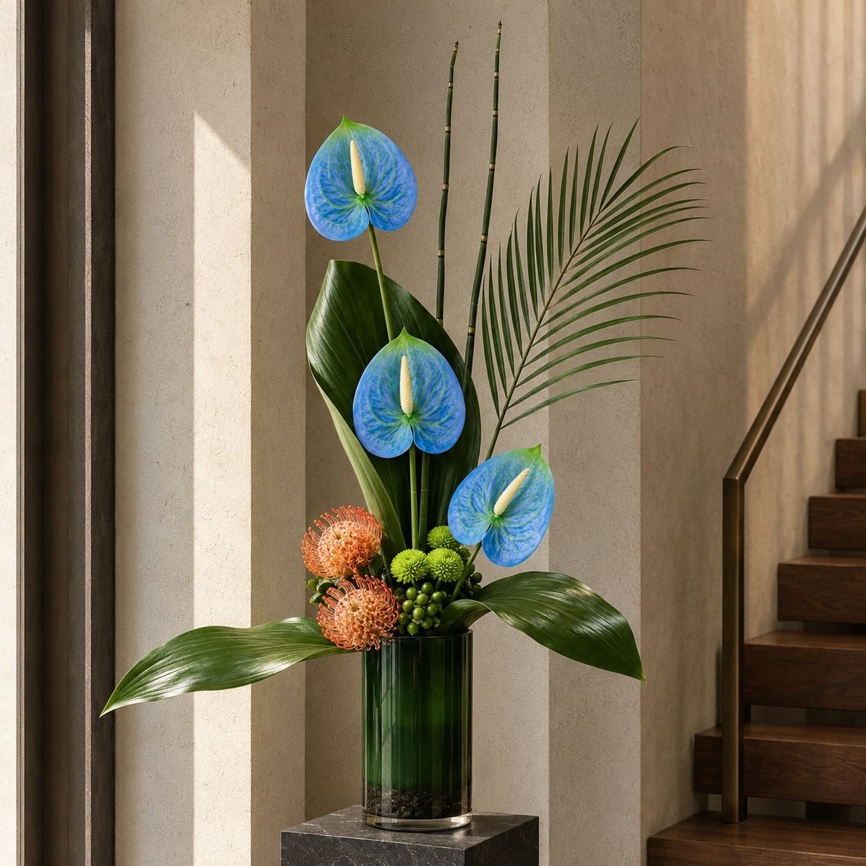 Blue Green Artificial Anthurium Stems Set of 3, 24 Inch Real Touch Tropical Flow