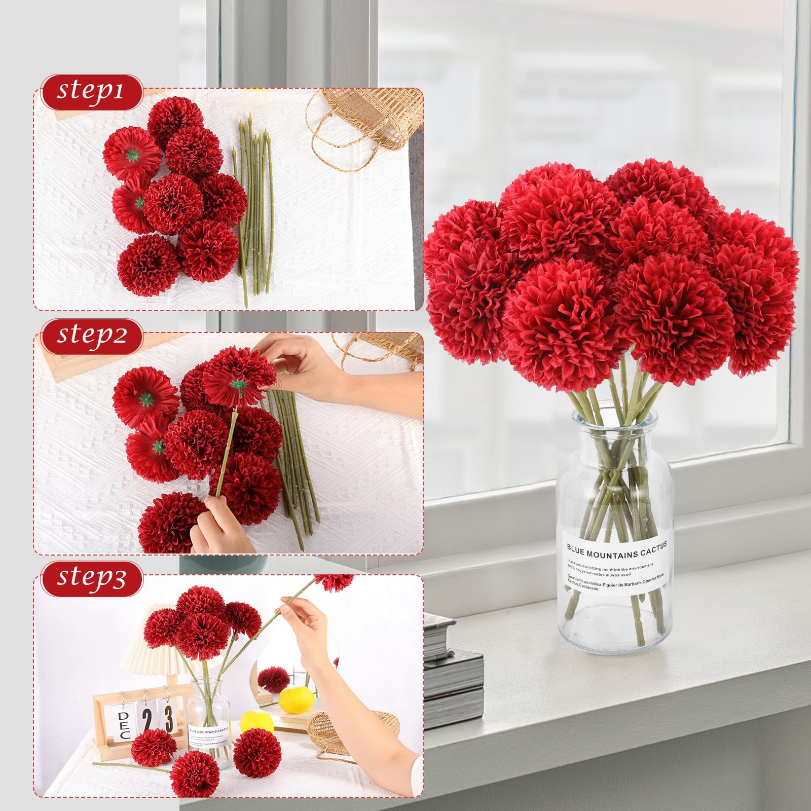 12 Pcs Artificial Chrysanthemums Flowers Patriotic Flowers 4th of July Fake M