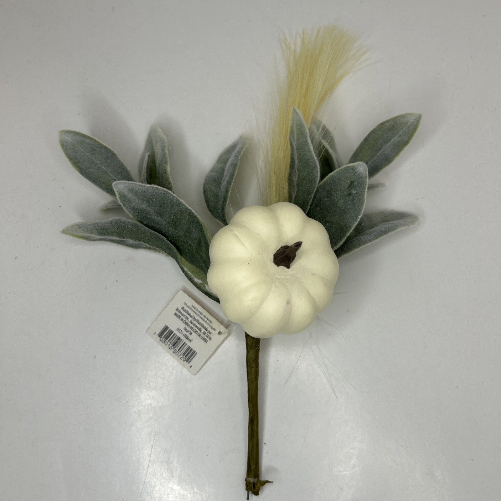 10 Artificial Fall Pumpkin Floral Pick W/Faux Lambs Ear & Feather Grass