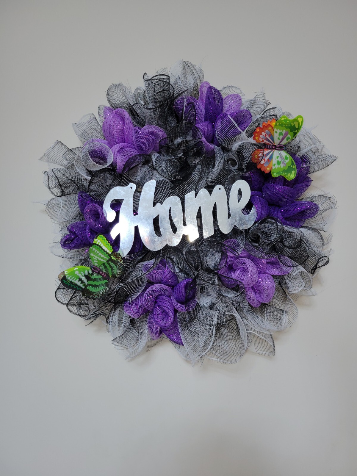 HOME black purple white Spring Summer Fall Wreath bunny Mesh Front Door Decor