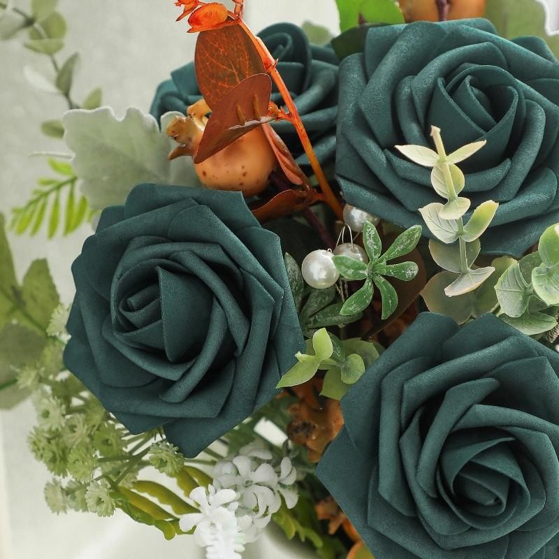 25pcs Dark Teal Foam Roses with Stems Artificial Flowers for Diy Wedding Decor