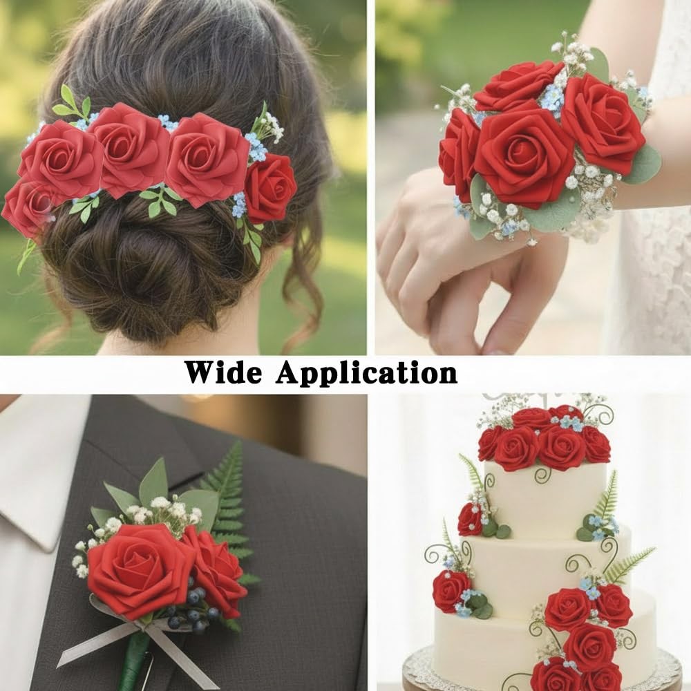 Artificial Flowers, 25 Pcs Red Foam Fake Roses Bulk for Flower Decoration DIY…