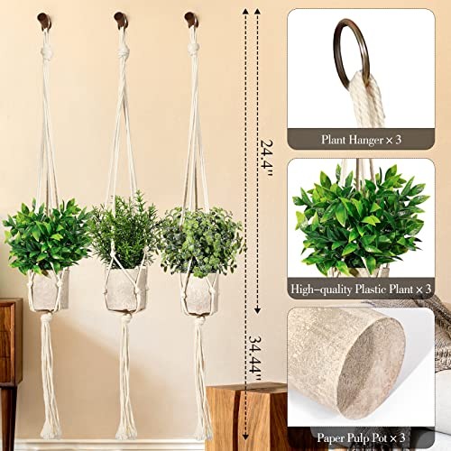 Artificial Plants 3 Pack Mini Fake Hanging with Macrame Plant Eucalyptusgreen