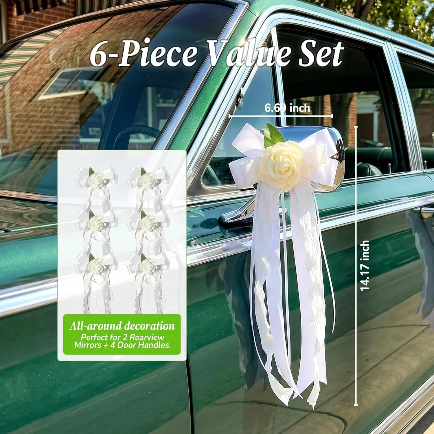 6PCS Wedding Car Door Handle Flowers, White Artificial Cars Rearview Mirror Bouq