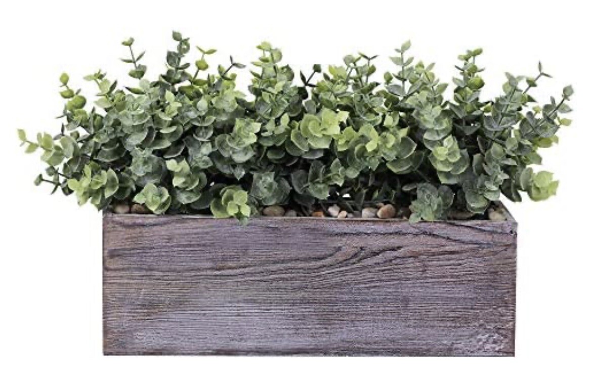 Faux Eucalyptus Plants in Rustic Rectangular Wood Planter Box Artificial Euca…