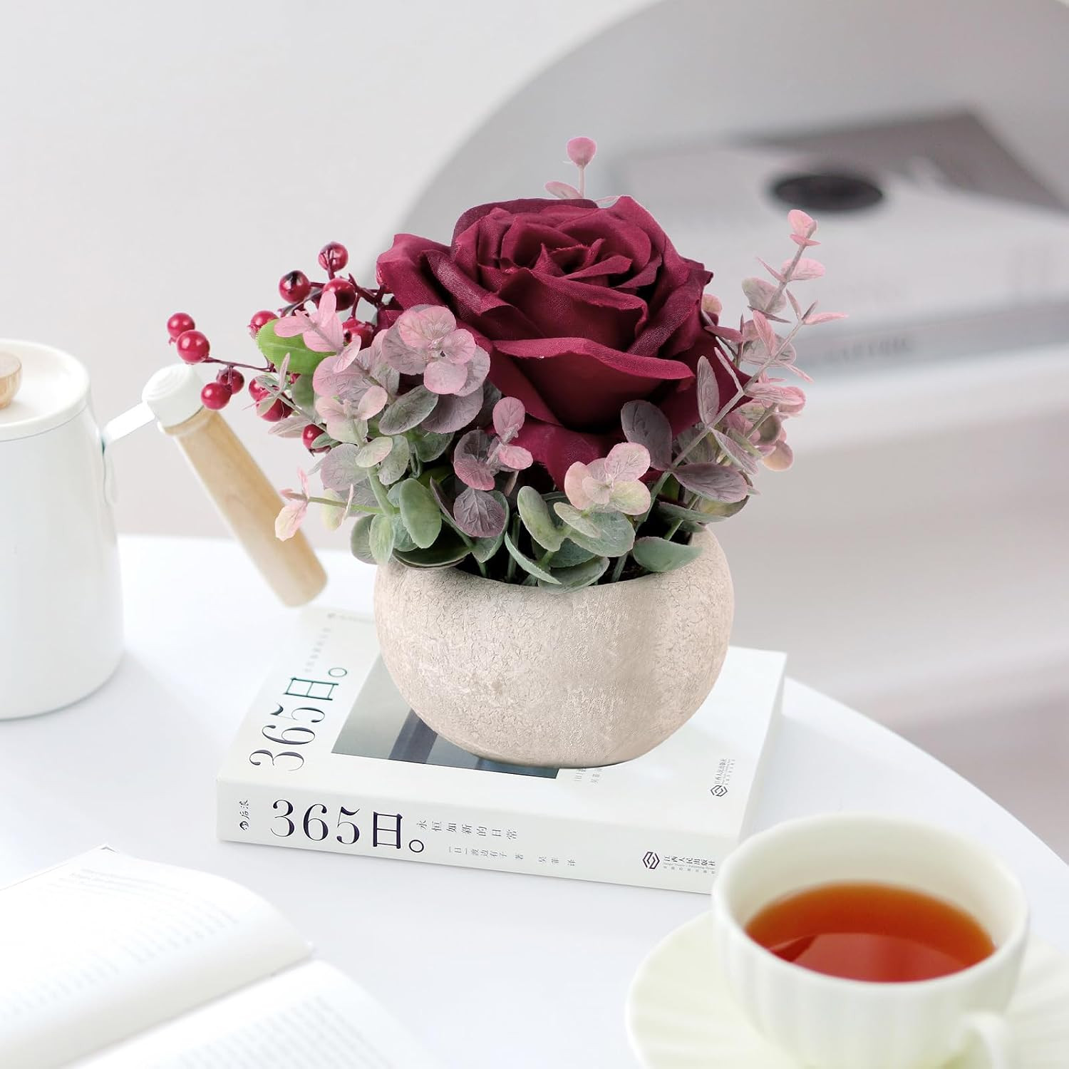 Faux Flowers in Pot, Burgundy Rose Artificial Flowers with Pot Small Potted Plan